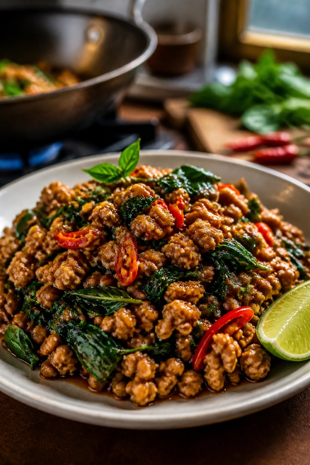 Close-up of Thai basil chicken with basil leaves and chilies on a plate