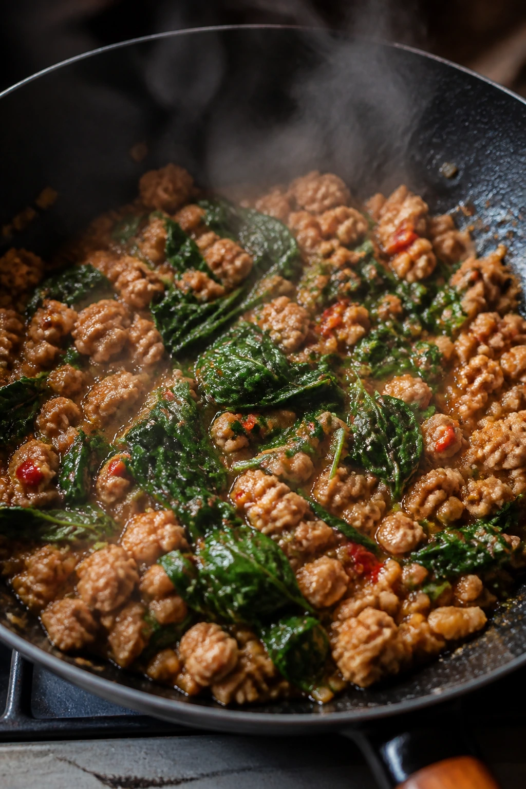 Close-up of Thai Basil Chicken with Thai basil leaves