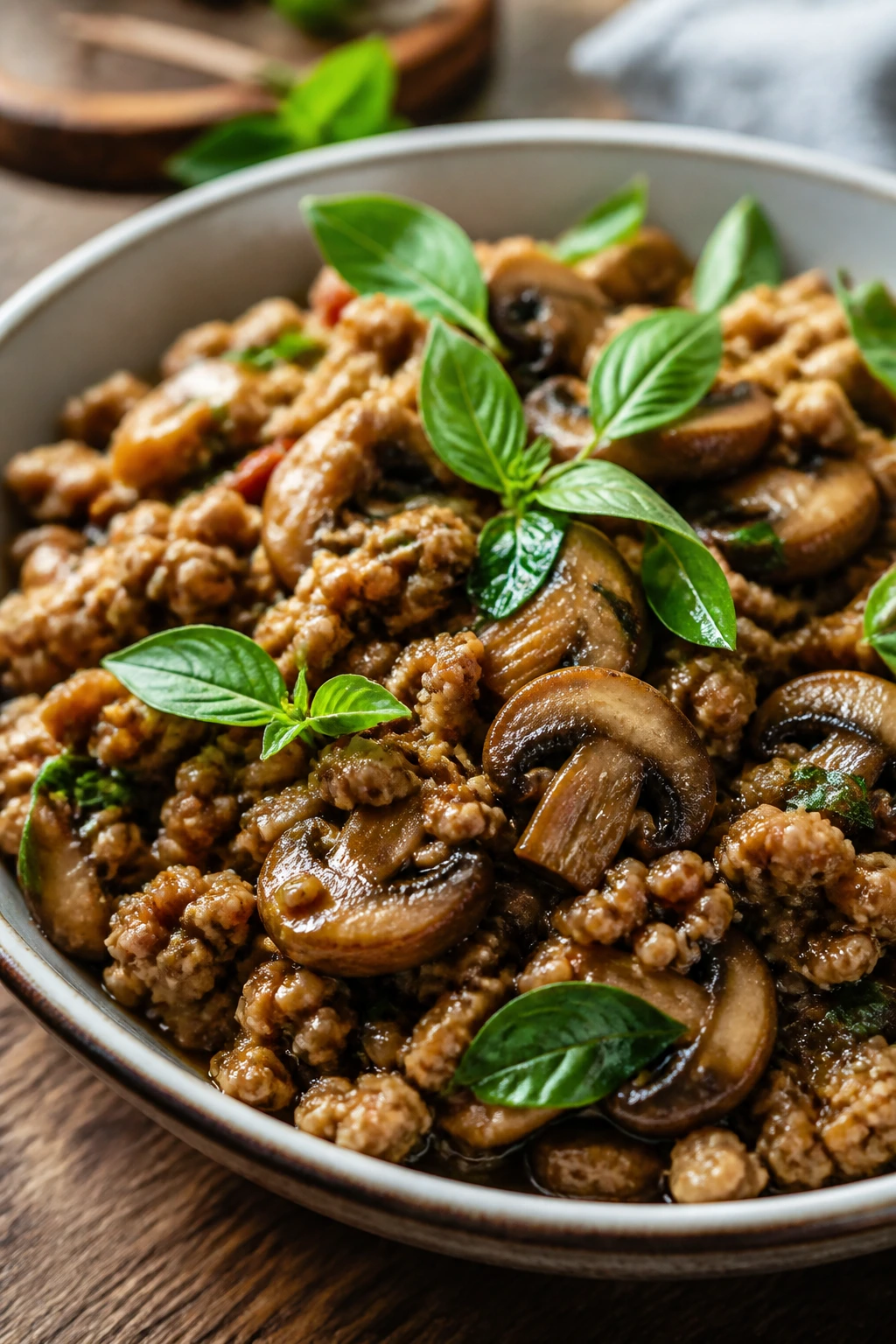 Close-up of Thai Basil Chicken with Mushrooms with bright basil on top