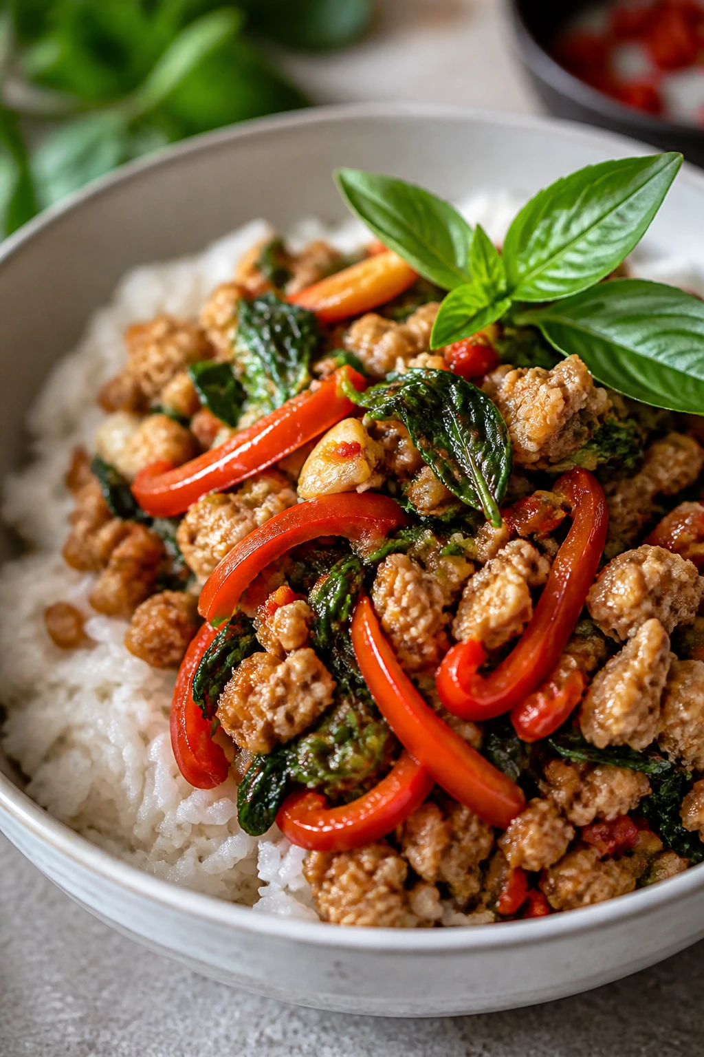 Close-up Thai basil chicken rice bowl with basil and peppers