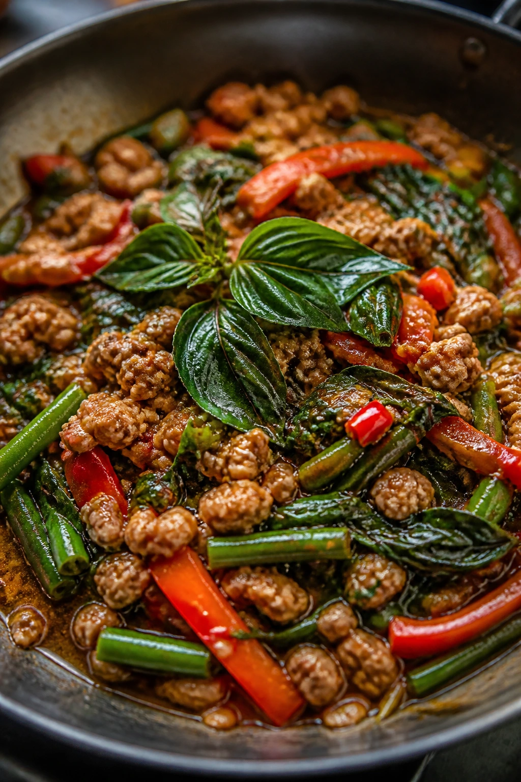 Close-up of Thai Basil Chicken stir-fry with basil leaves and vegetables in glossy sauce