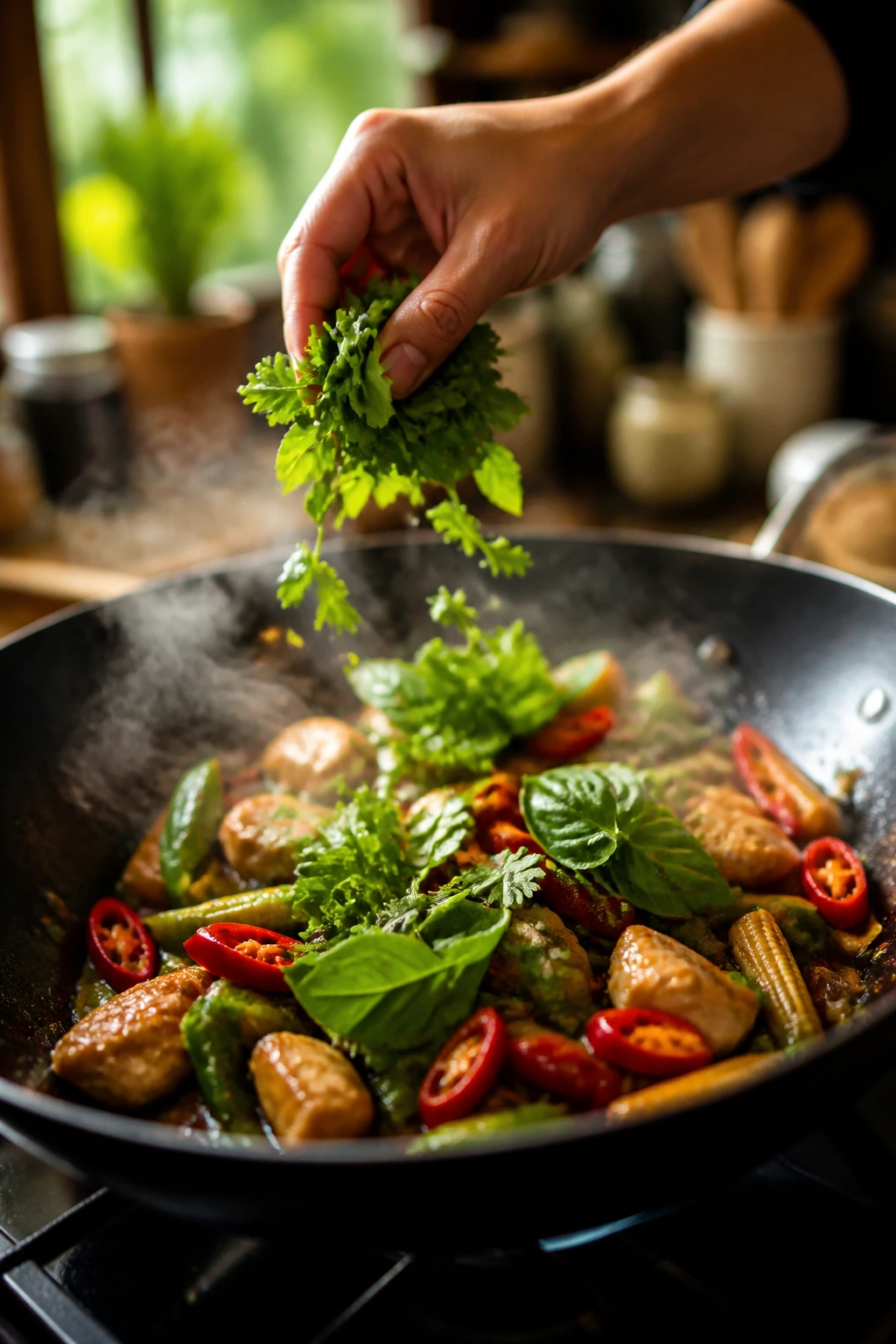 Close-up of fresh Thai basil and cilantro being added to a hot pan in a home kitchen
