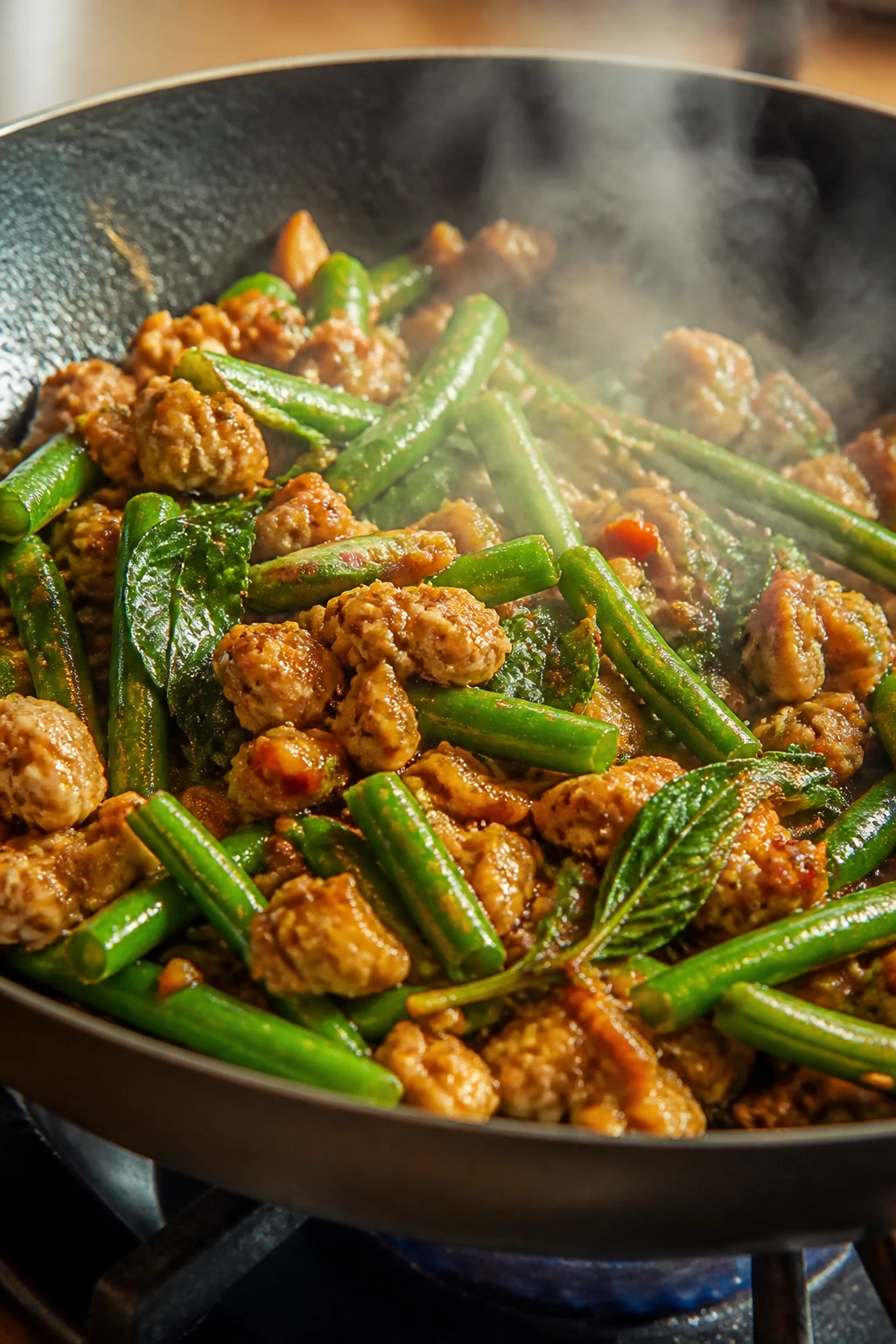 Close-up of Thai basil chicken with green beans in a wok