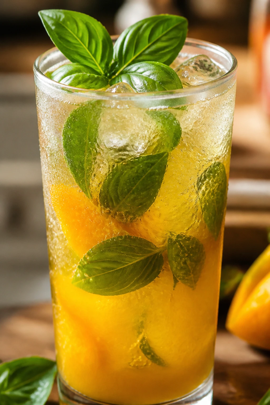 Vibrant Thai Basil Mango Soda in a tall glass with basil