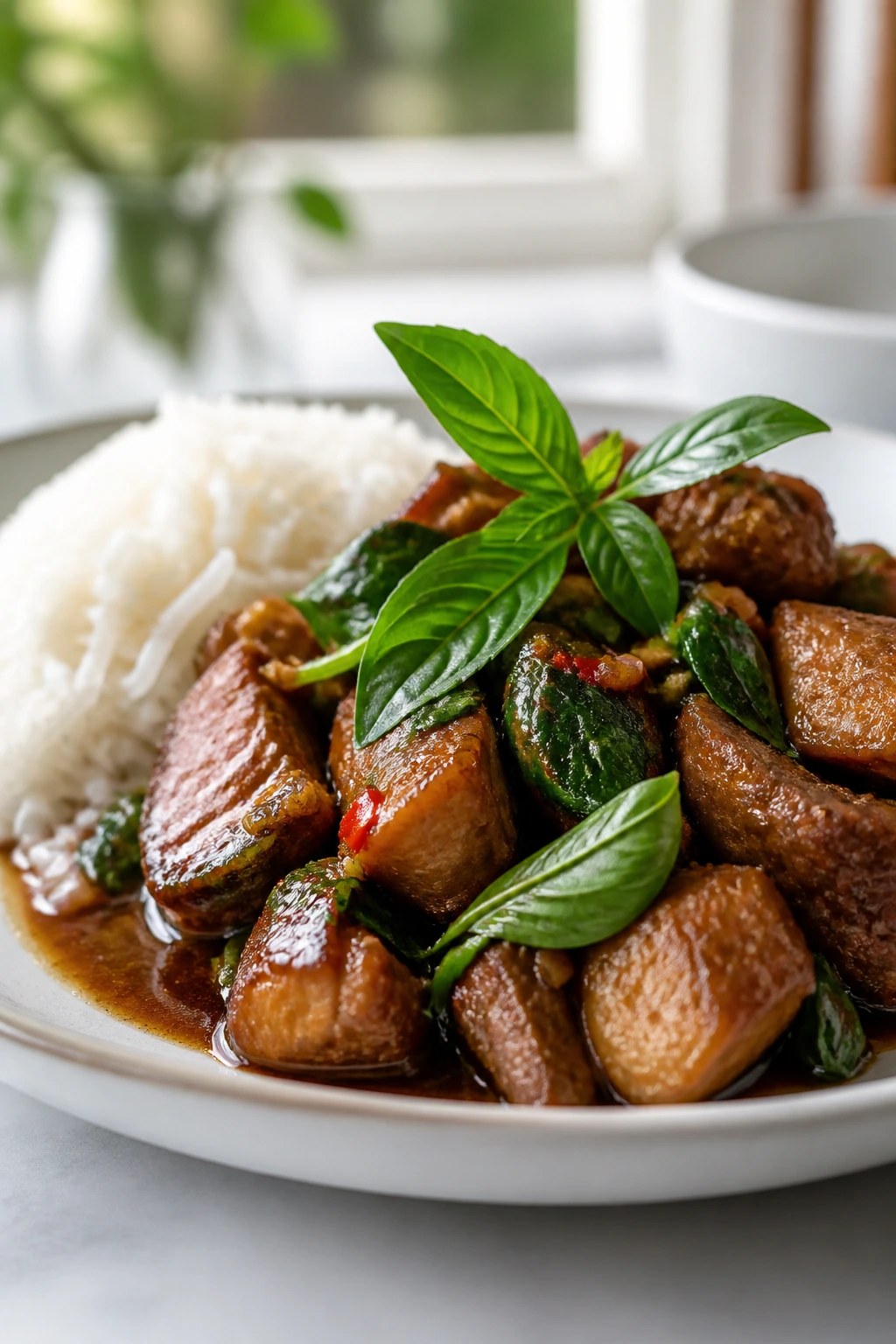 Close-up of Thai basil pork over rice on a plate