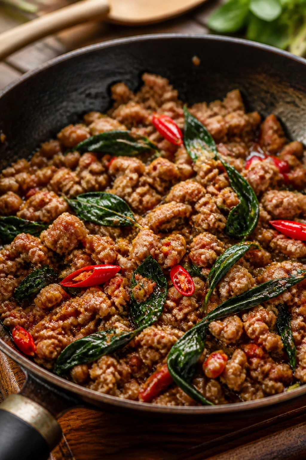 Thai basil pork in a skillet with fresh basil leaves
