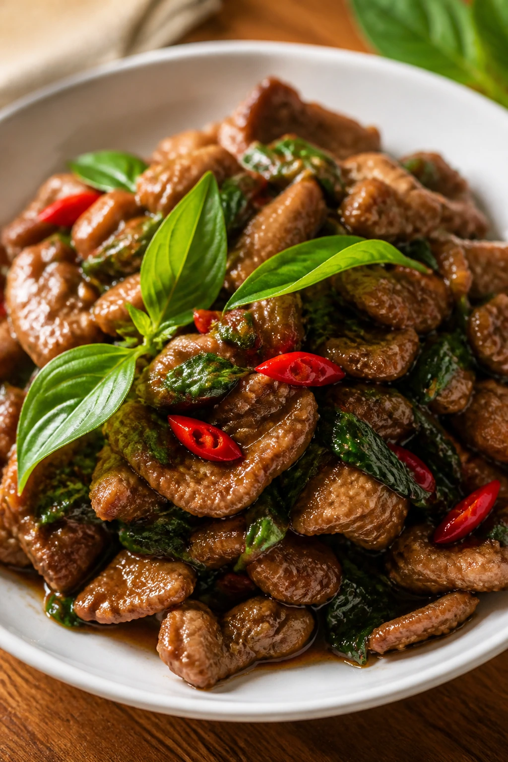 Close-up of Thai basil pork on a plate with fresh basil