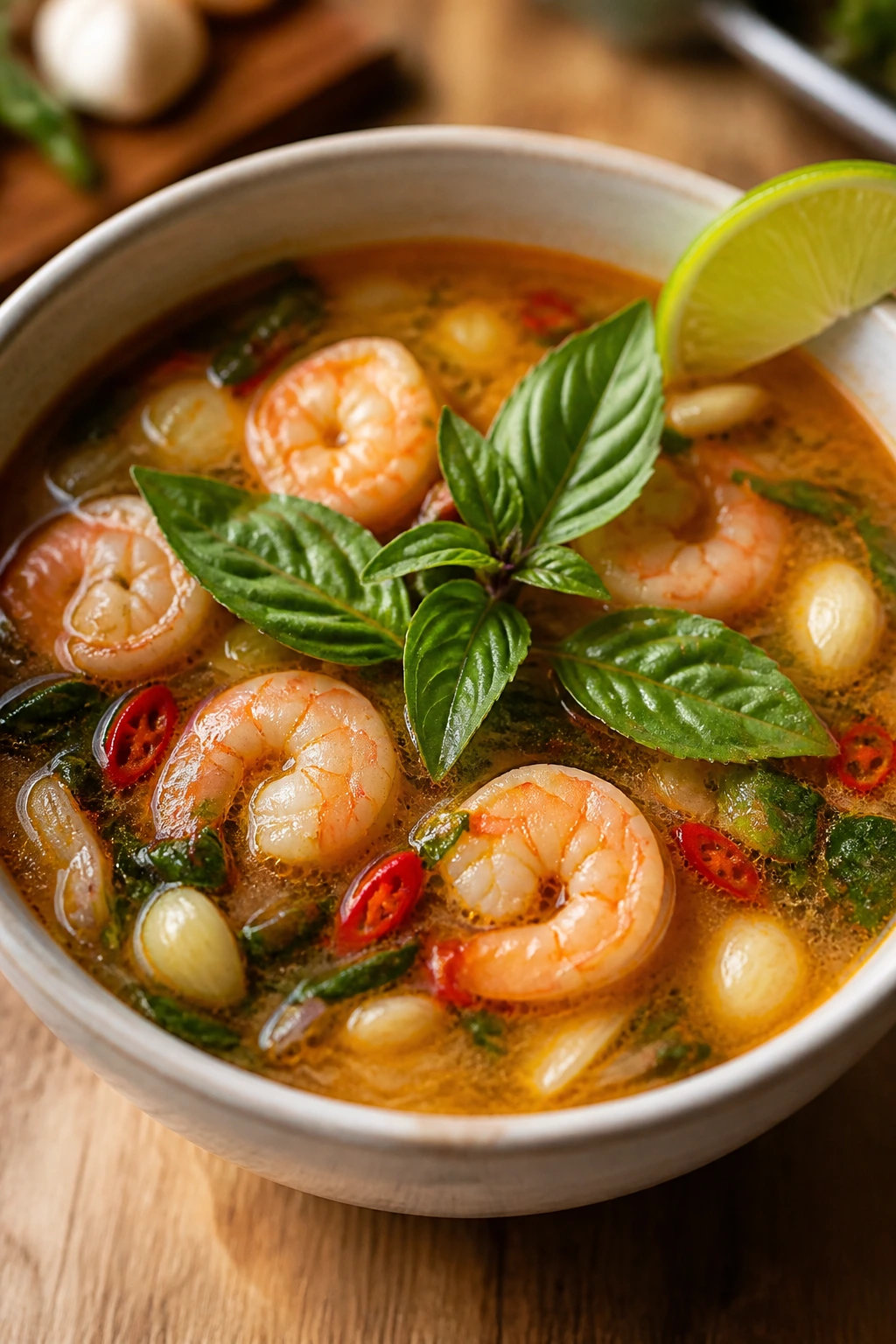 Close-up of Thai Basil Shrimp Soup in a ceramic bowl with shrimp and Thai basil