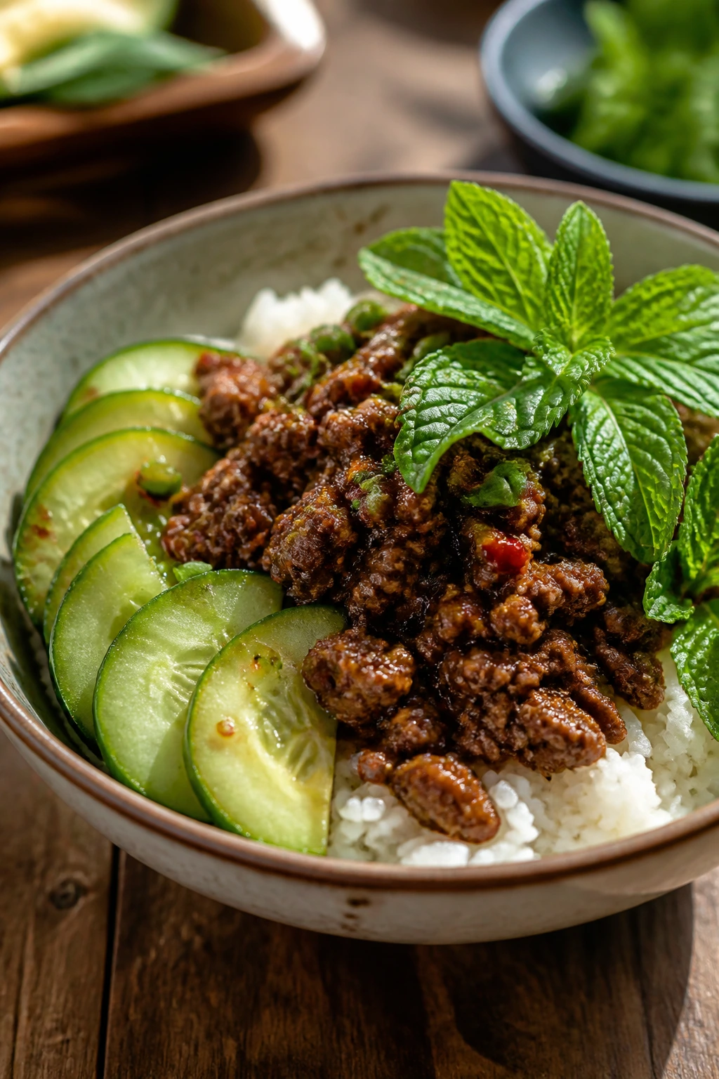 Close-up of Thai Beef Cucumber Bowls with beef, cucumber, jasmine rice and mint