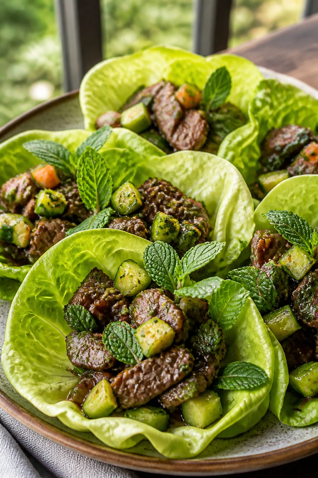 Beef lettuce cups with cucumber and mint on a bright plate