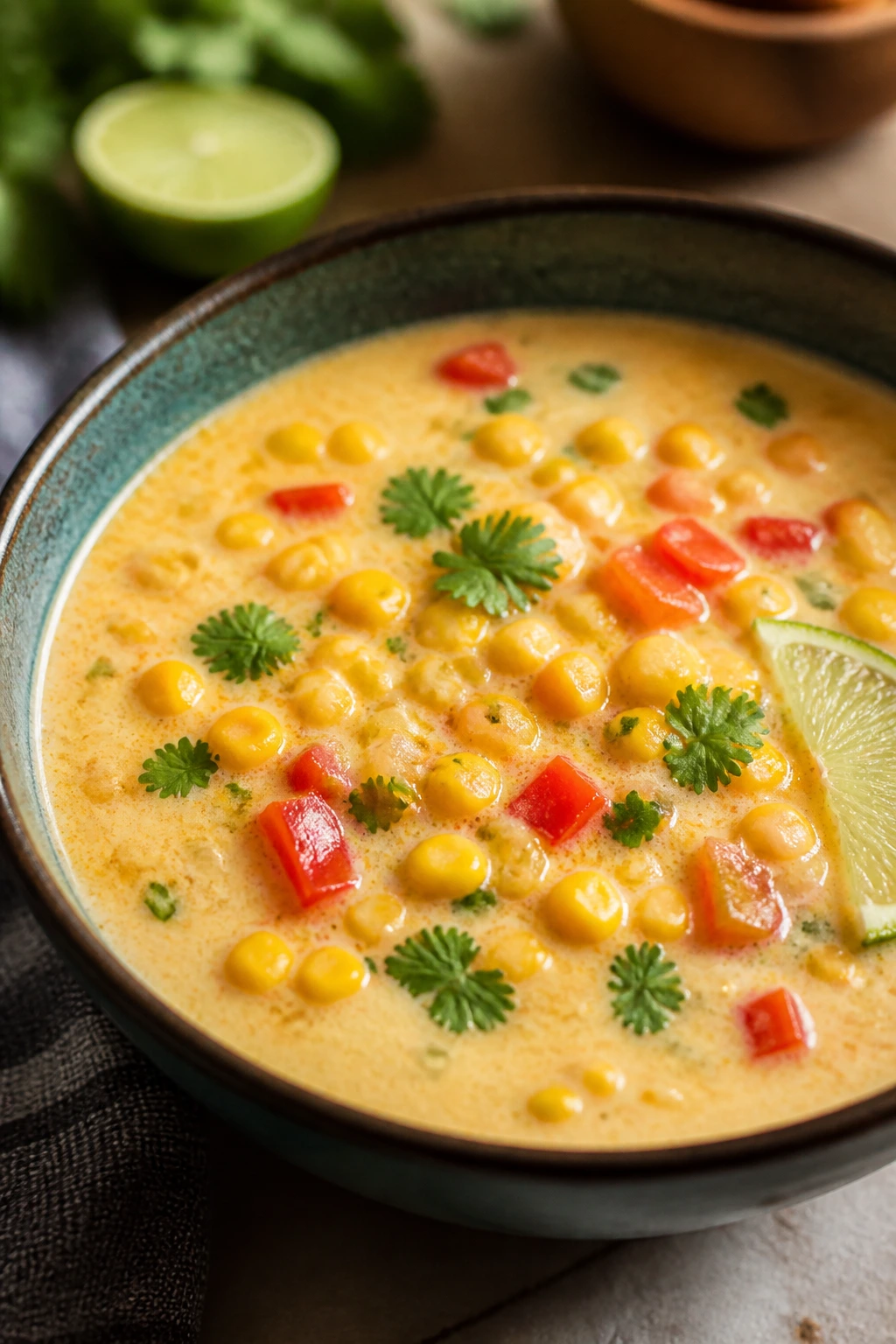 Creamy Thai coconut corn chowder in a bowl with coconut milk and corn