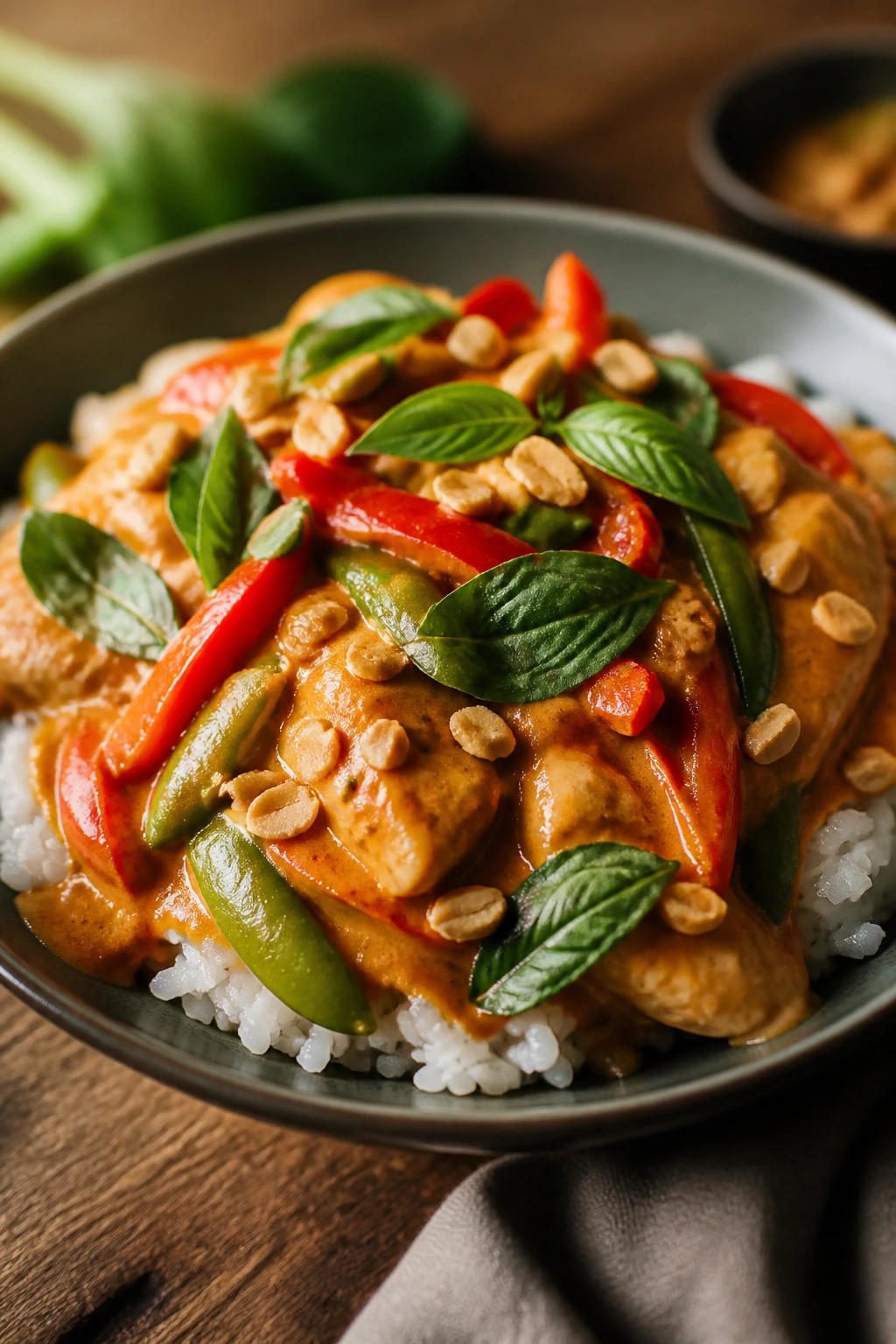 Bowl of coconut curry over jasmine rice with peppers, peas, basil, and peanuts