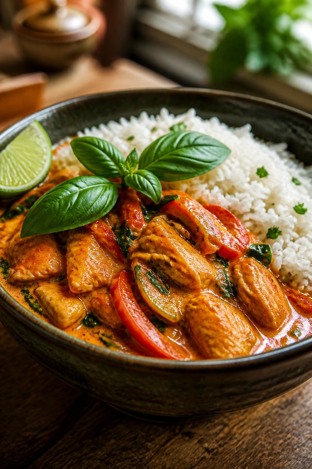Close-up of glossy Thai coconut curry over rice in a bowl with basil and lime on a wooden table