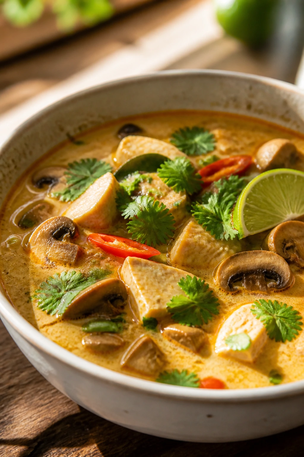 Steaming Thai coconut curry chicken soup with mushrooms in a rustic bowl