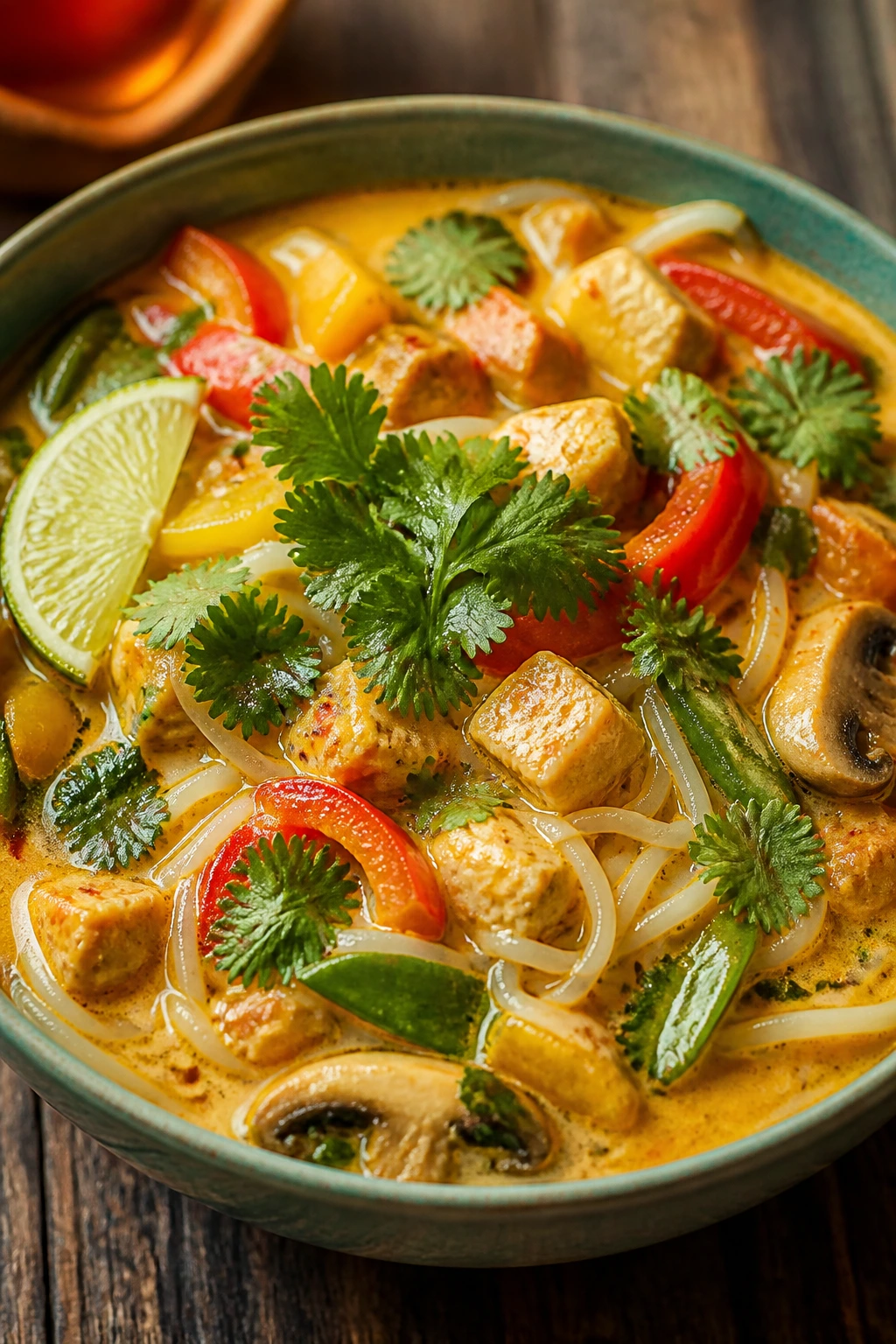Vibrant Thai coconut curry noodle soup in a colorful bowl