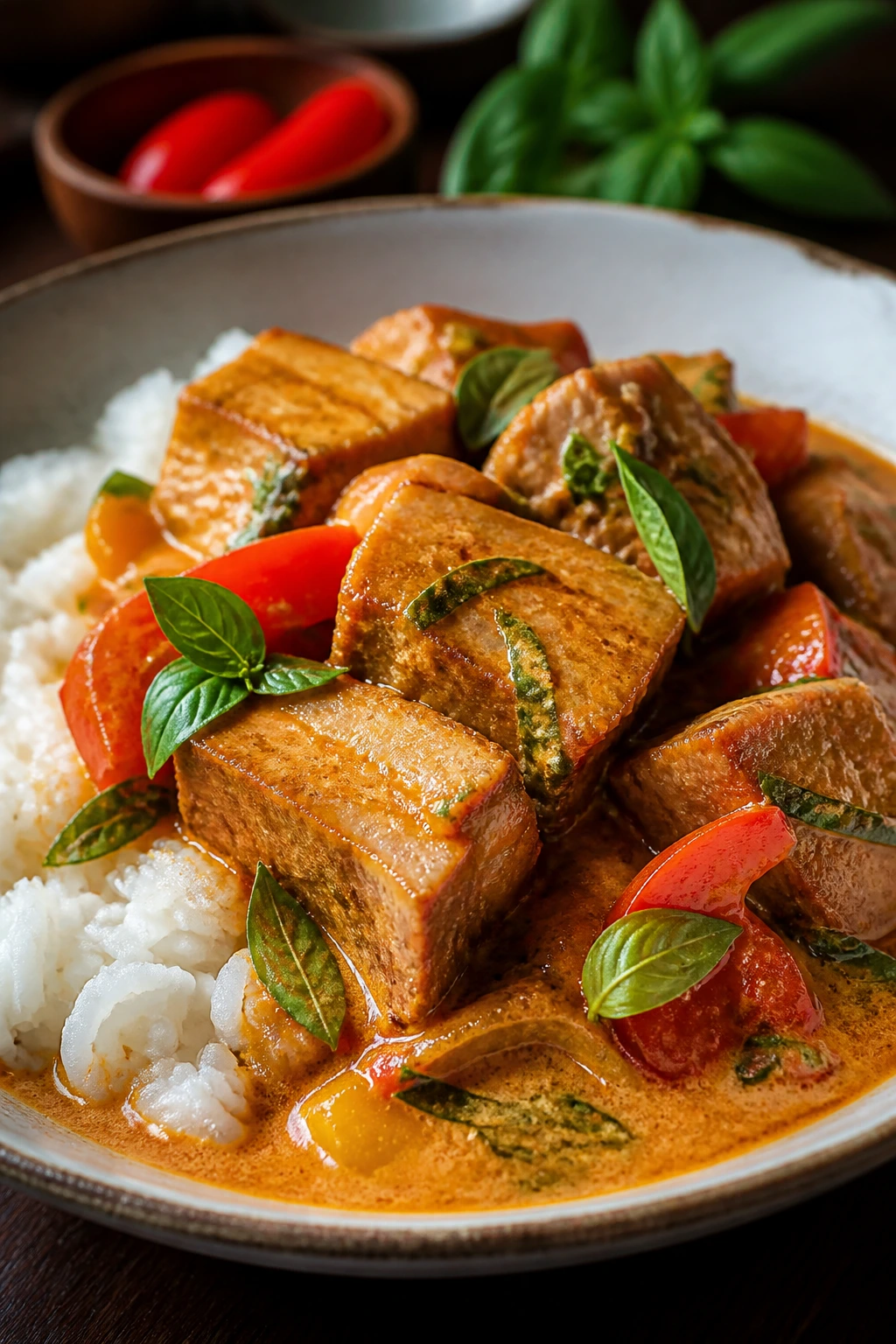 Pork belly in Thai coconut curry with basil over rice