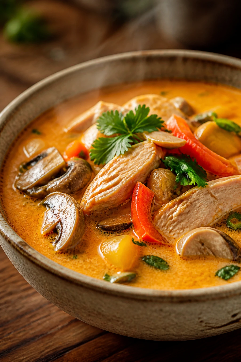 Thai coconut curry soup with chicken in a bowl
