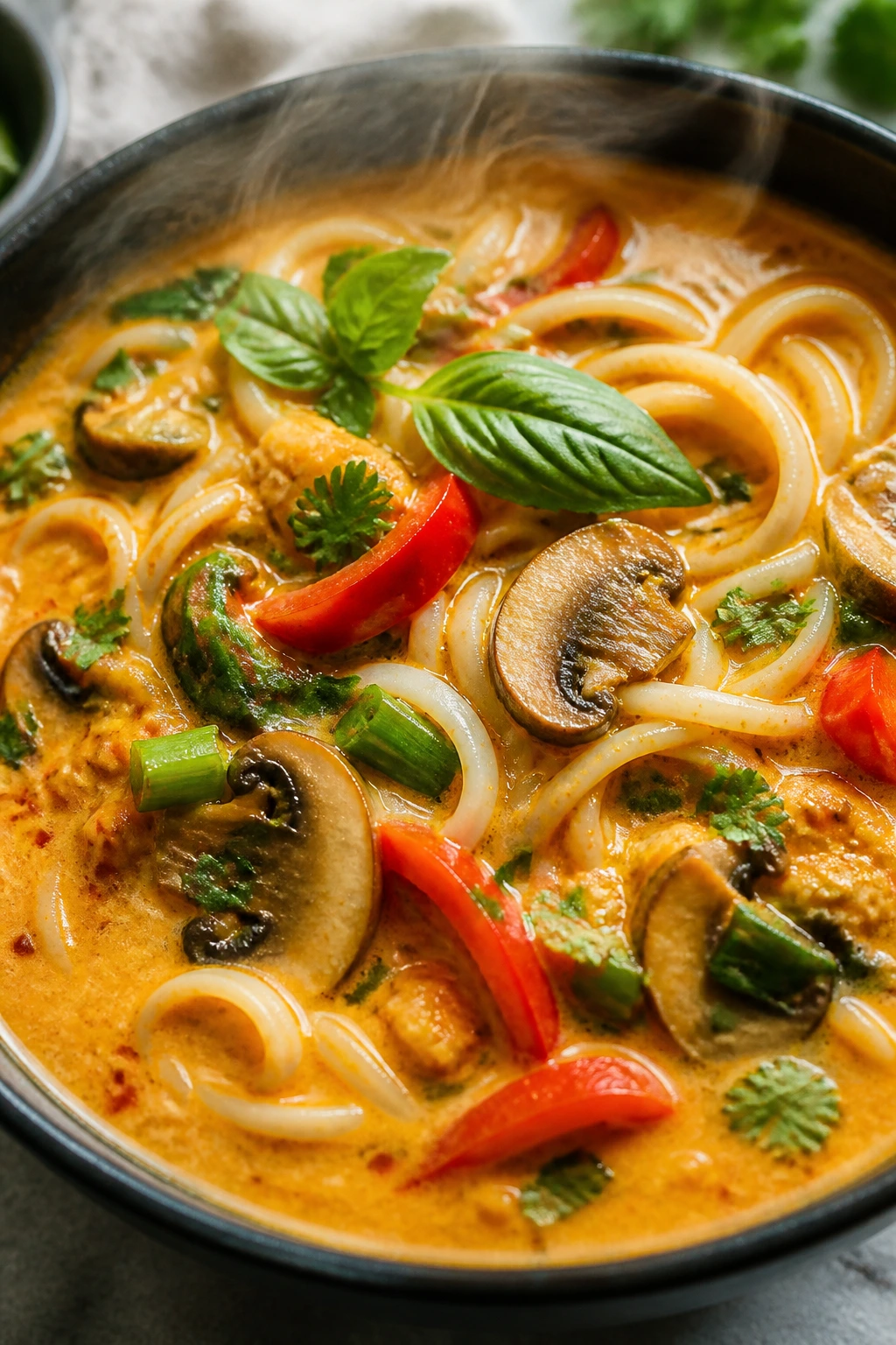 Close-up of Thai Coconut Curry Noodle Soup with noodles and vegetables.