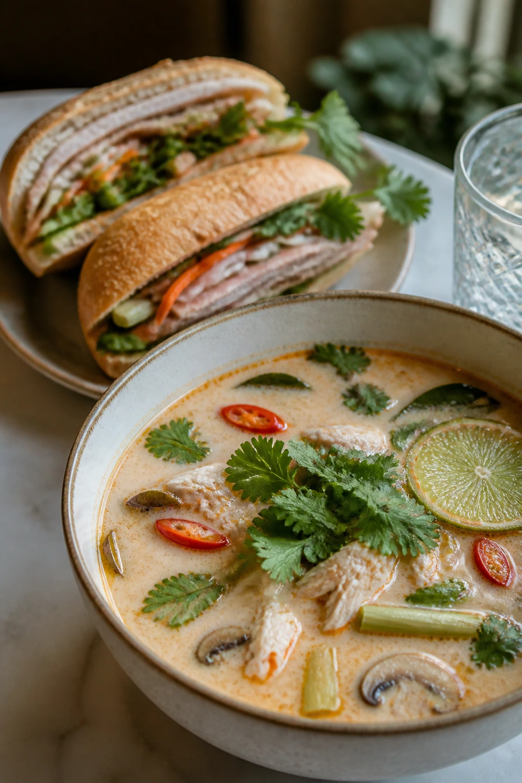Bright Thai coconut chicken soup with lemongrass and a turkey banh mi sandwich on a plate