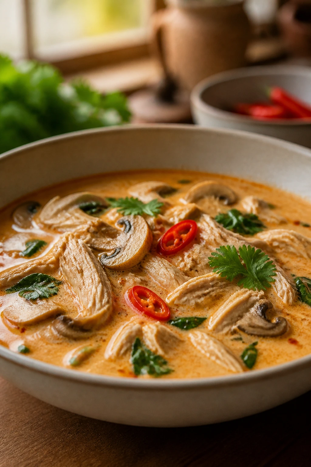 Creamy Thai chicken coconut soup with chicken and mushrooms