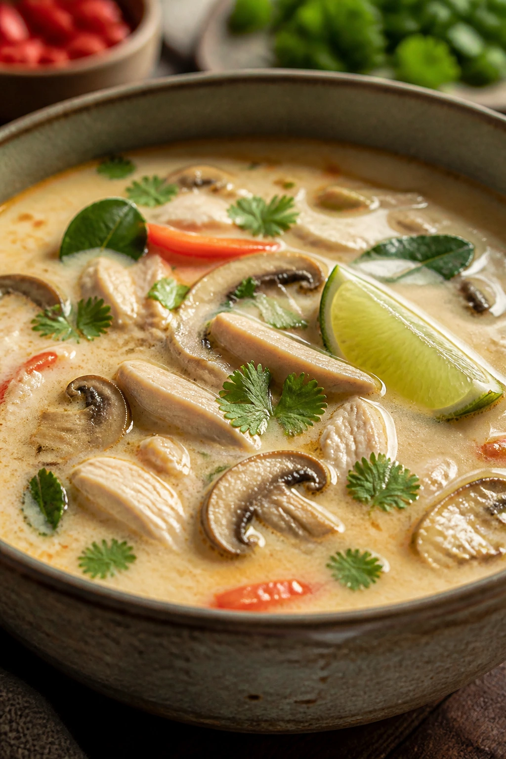Close-up of a steaming bowl of Thai coconut chicken soup with coconut milk, chicken, mushrooms, and lime