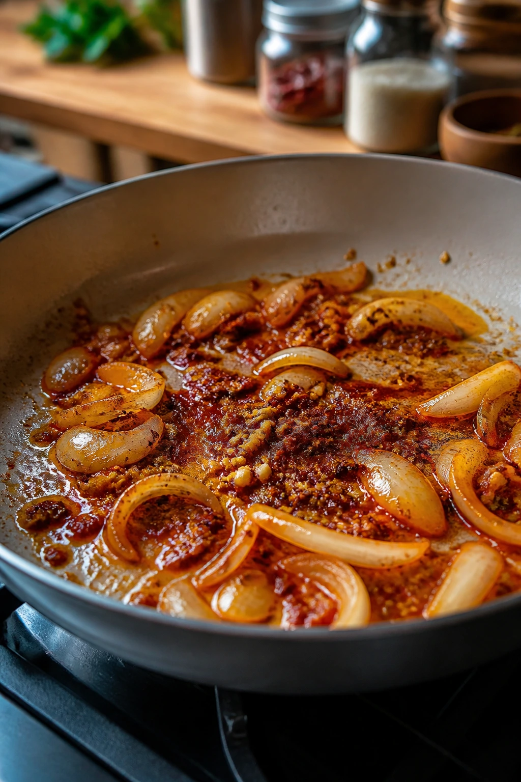 Close-up of curry base blooming in a skillet with onion and red curry paste on a warm kitchen stove