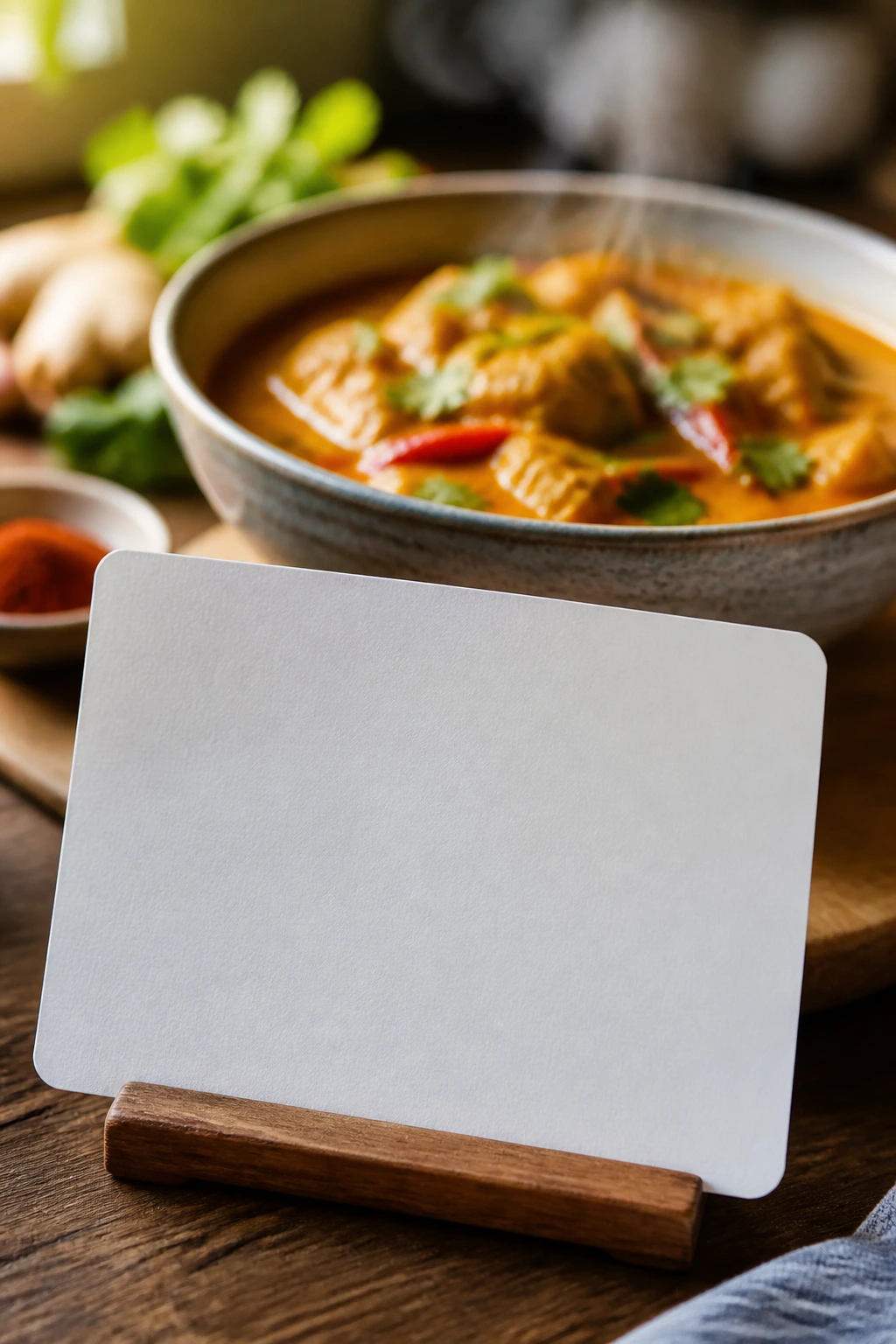 Blank white recipe card with a blurred bowl of Thai curry in the background
