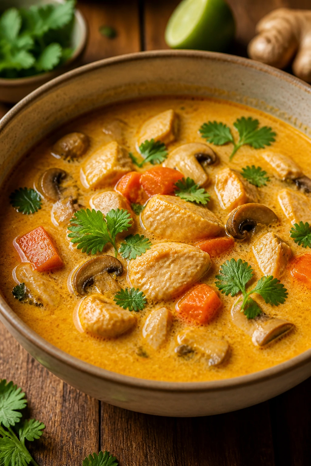 Close-up of Thai coconut curry chicken soup in a bowl