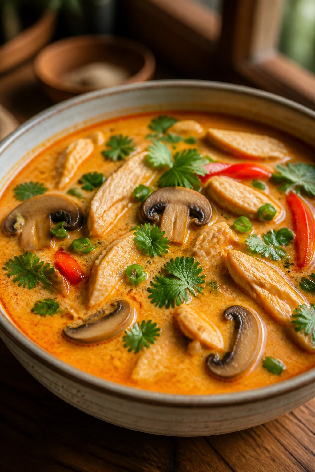 Close-up of Thai coconut curry chicken soup with chicken and mushrooms in coconut milk