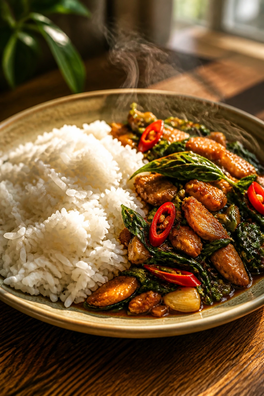 Close-up of a Thai dinner plate with jasmine rice and basil chili stir-fry in a cozy kitchen