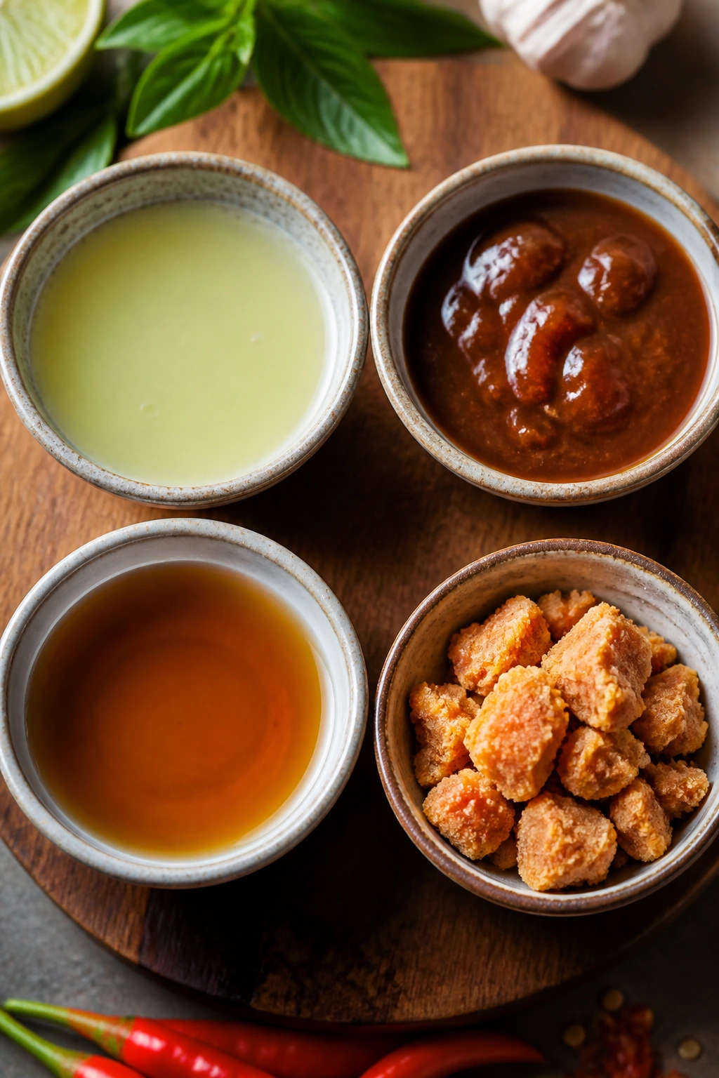 Top-down view of lime juice, tamarind, fish sauce, and palm sugar in small bowls