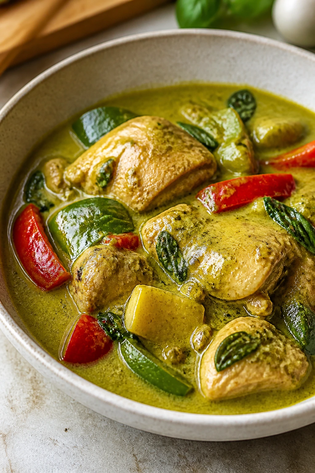 Close-up of Thai green curry chicken in vibrant green sauce