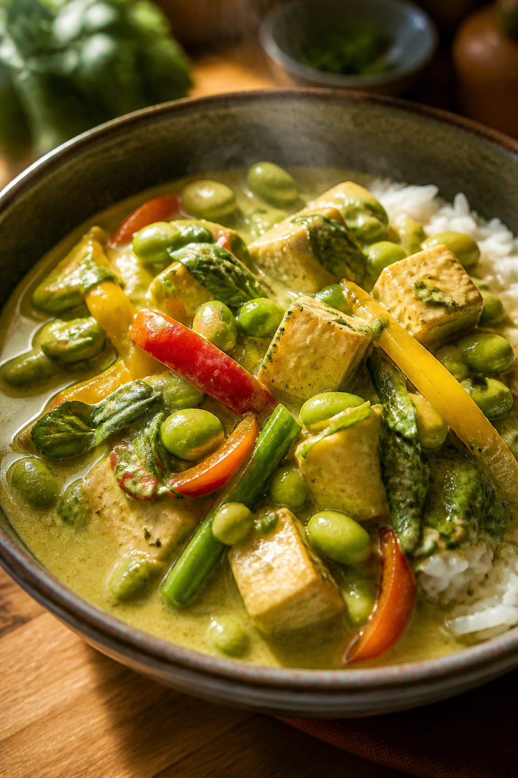 Close-up of Thai green curry with tofu and edamame in a bowl on a wooden table