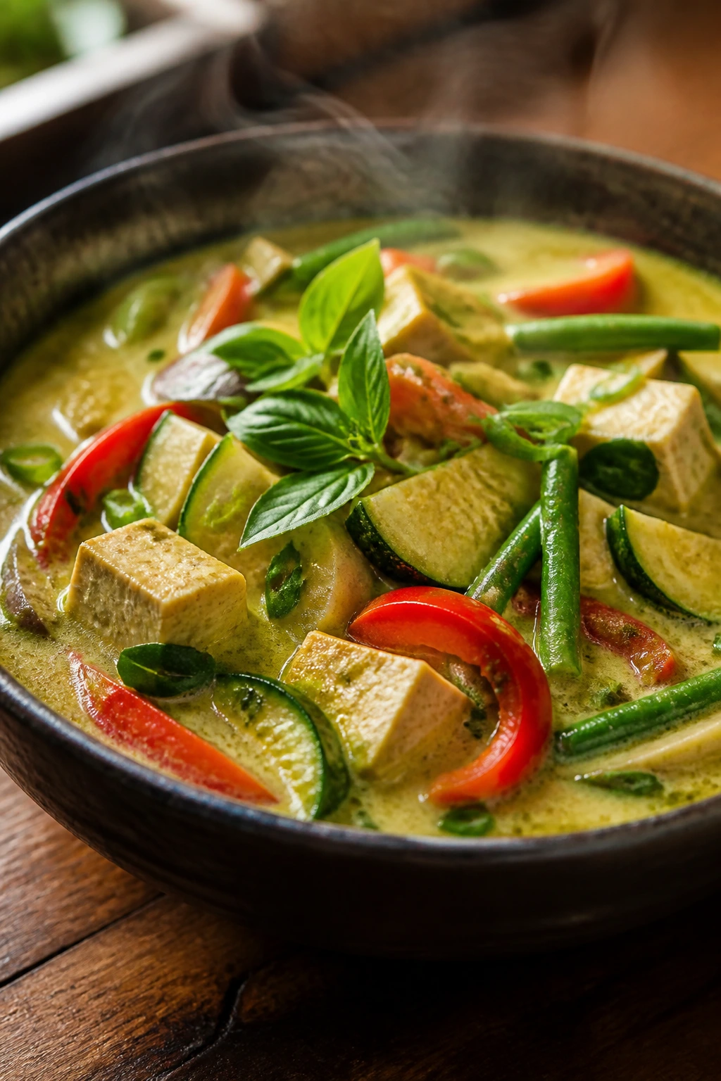 Close-up of Thai green curry with vegetables in a bowl