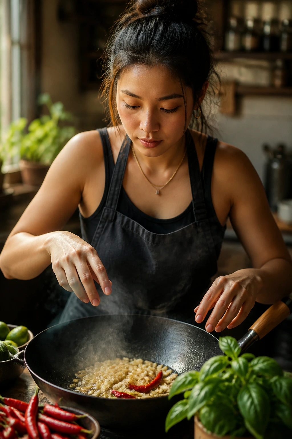 Close-up of a real person cooking Thai heat at home in a warm kitchen