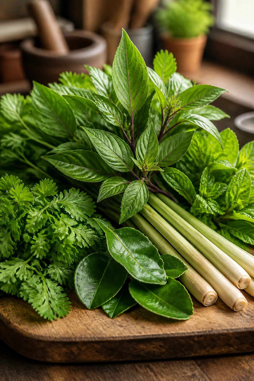 Close-up of Thai basil, cilantro, lemongrass, and kaffir lime leaves on a cutting board