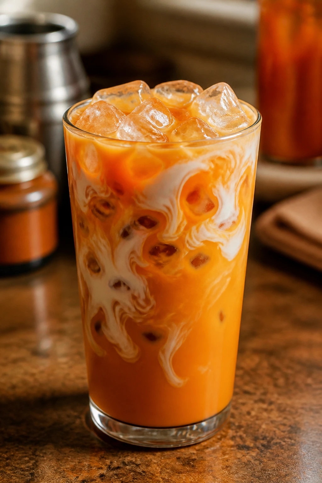 Thai iced tea with coconut milk infusion in a glass