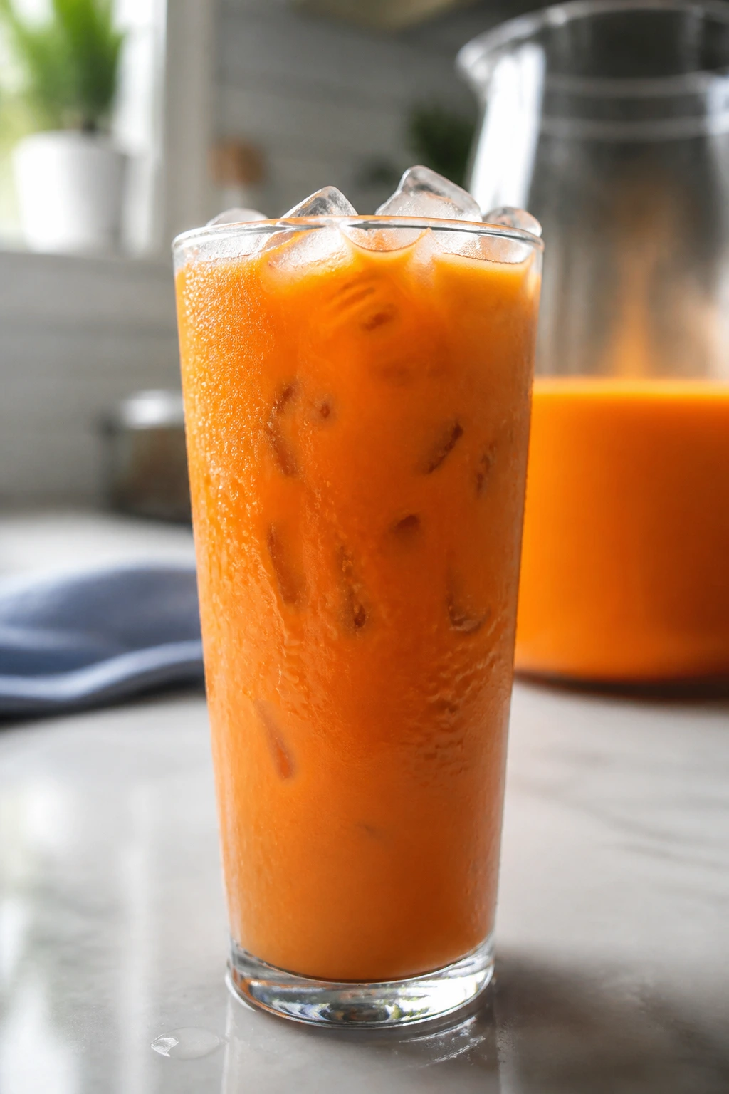 Frosty Thai iced tea glass on a kitchen counter