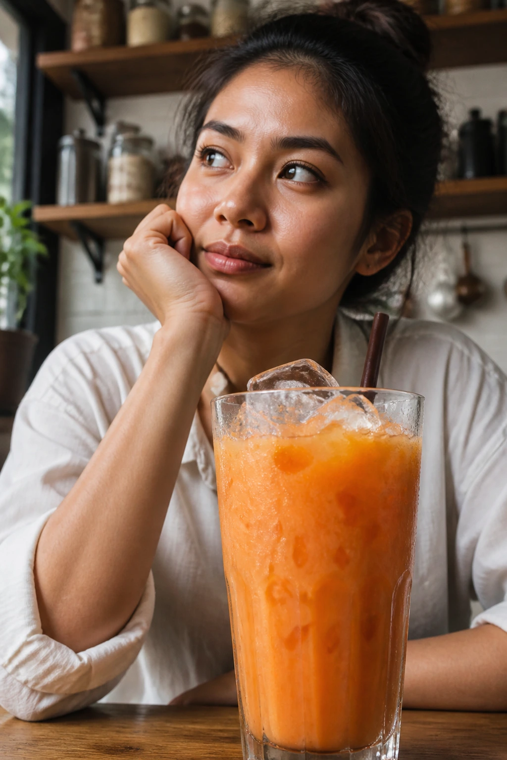 Thoughtful person with a glass of Thai iced tea in a warm kitchen