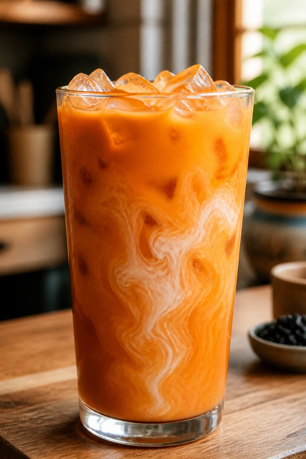 Close-up of a tall glass of Thai iced tea with a cream ribbon in a cozy kitchen