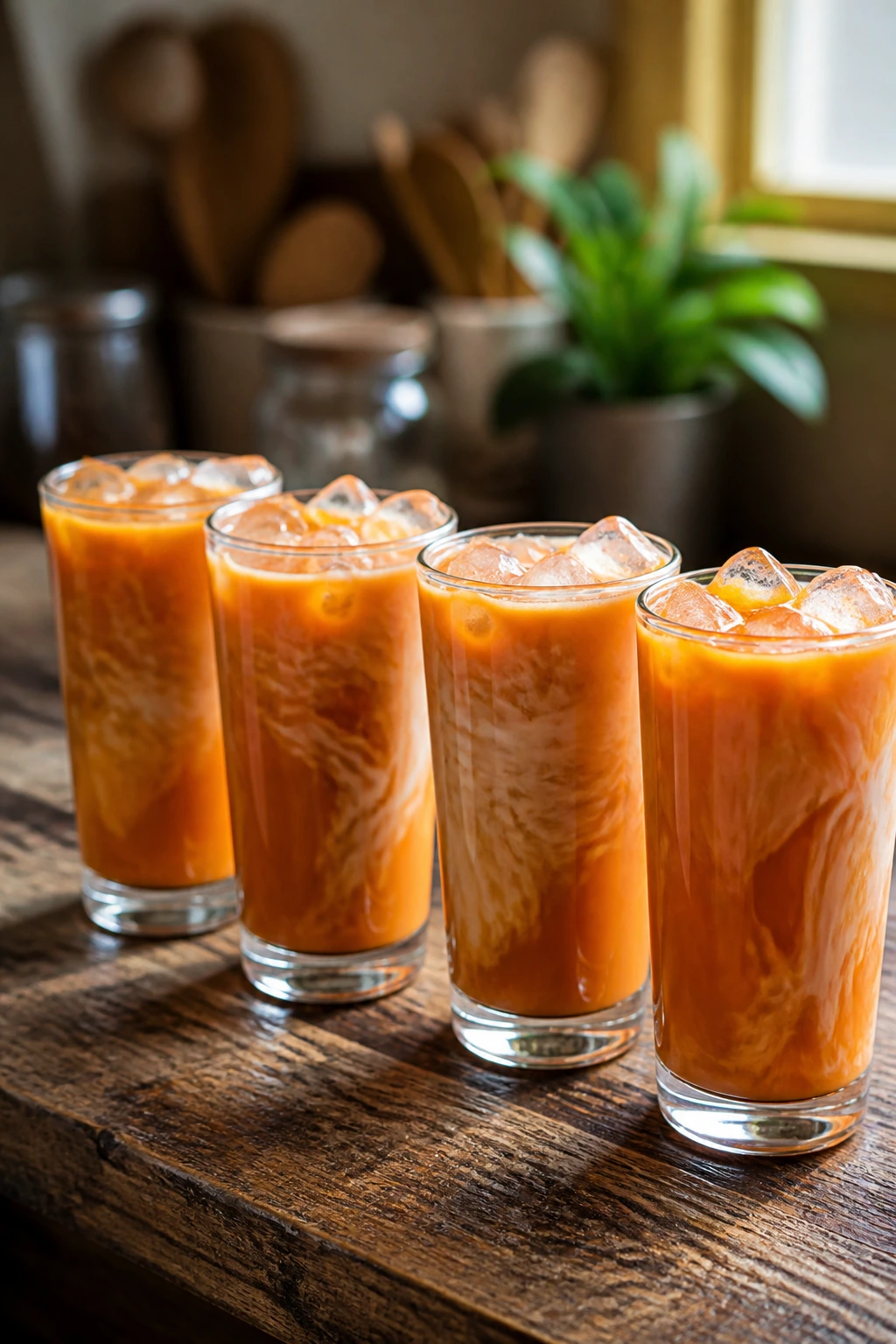 Four clear Thai iced tea glasses with ice and milk swirl on a wooden counter
