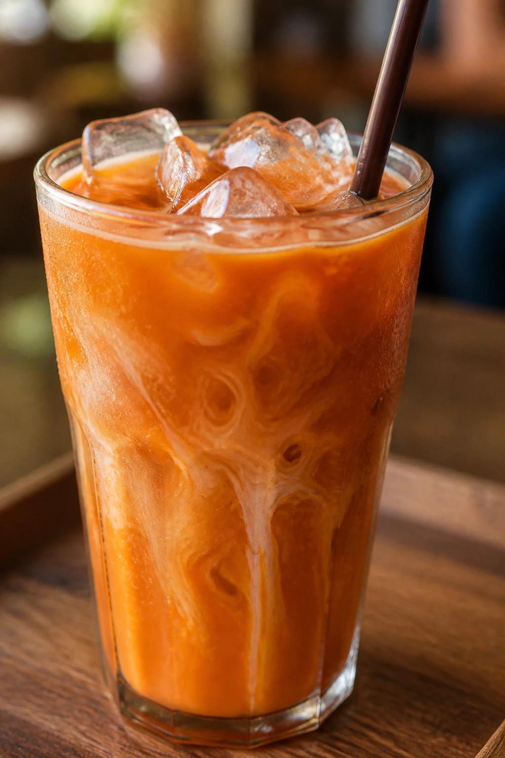 Close-up of vibrant Thai iced tea in a glass with creamy milk stripes and ice