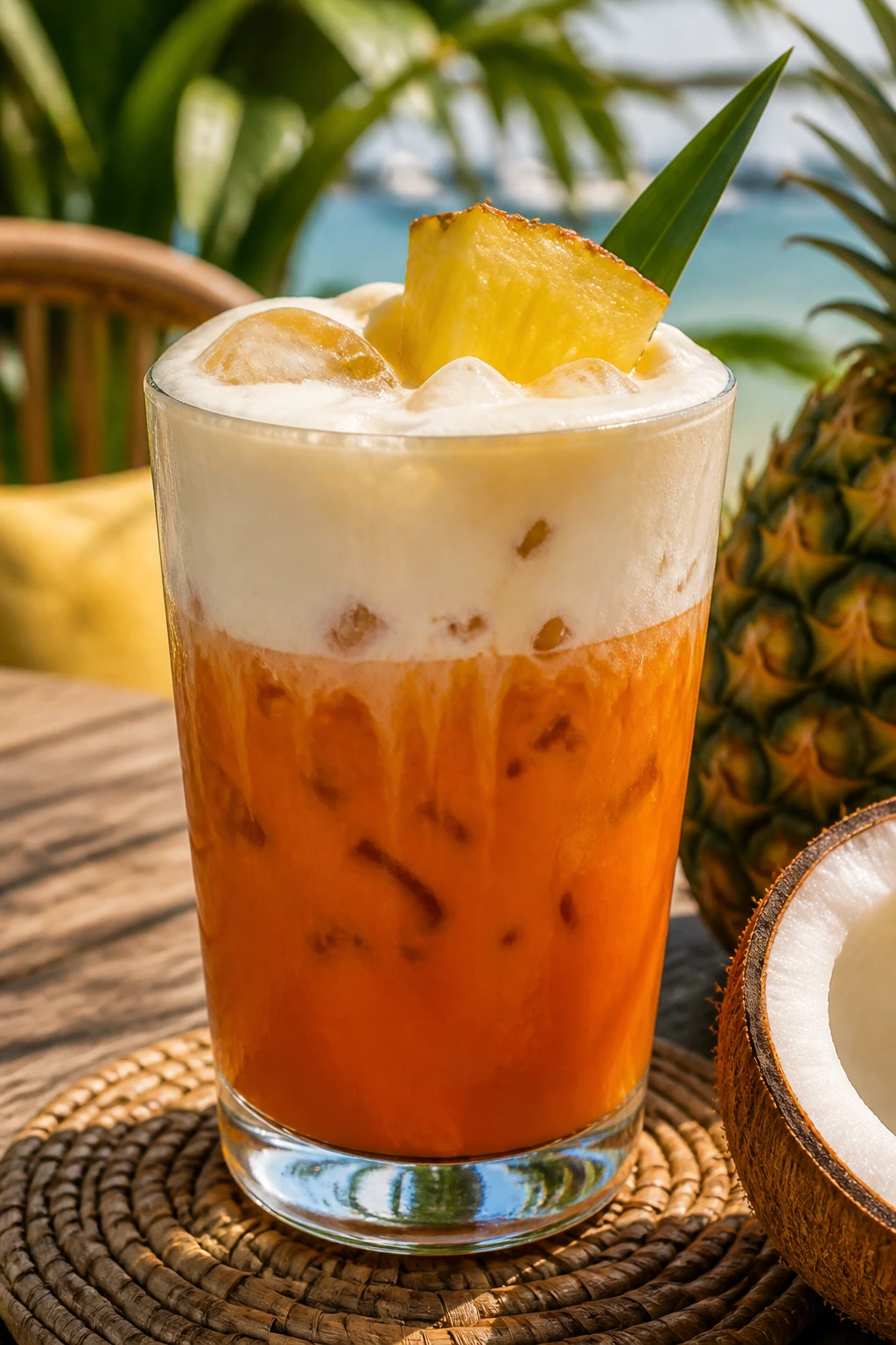Thai iced tea with pineapple and coconut layers in a glass.
