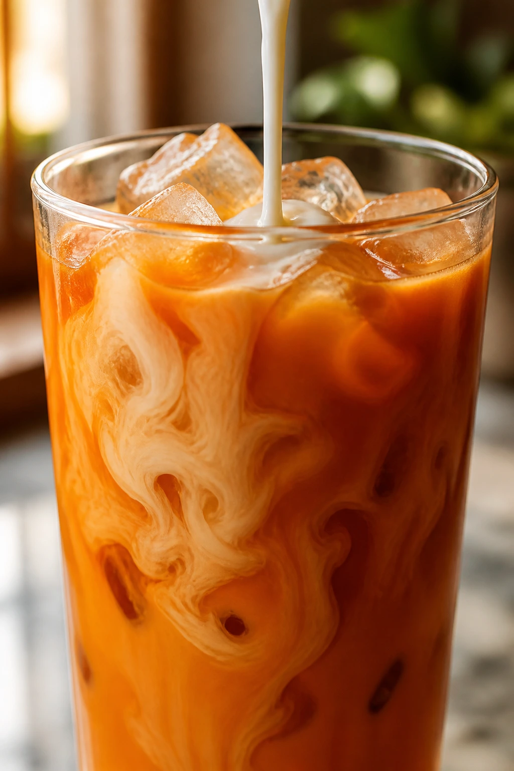 Pouring condensed milk into Thai iced tea glass