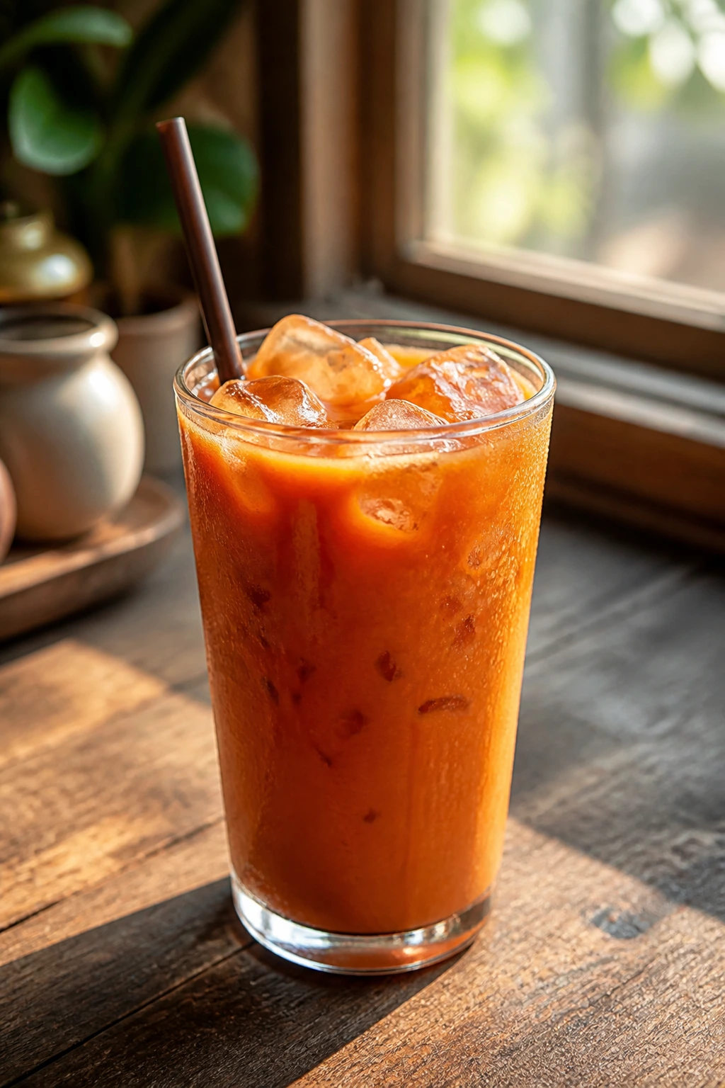 Glass of Thai iced tea on a wooden table ready to sip