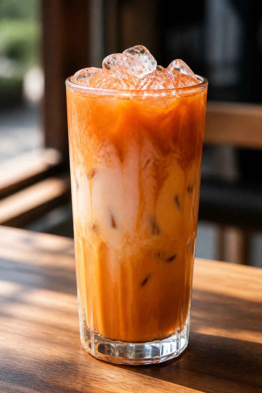 Tall glass of Thai iced tea with orange color and milk swirl on table