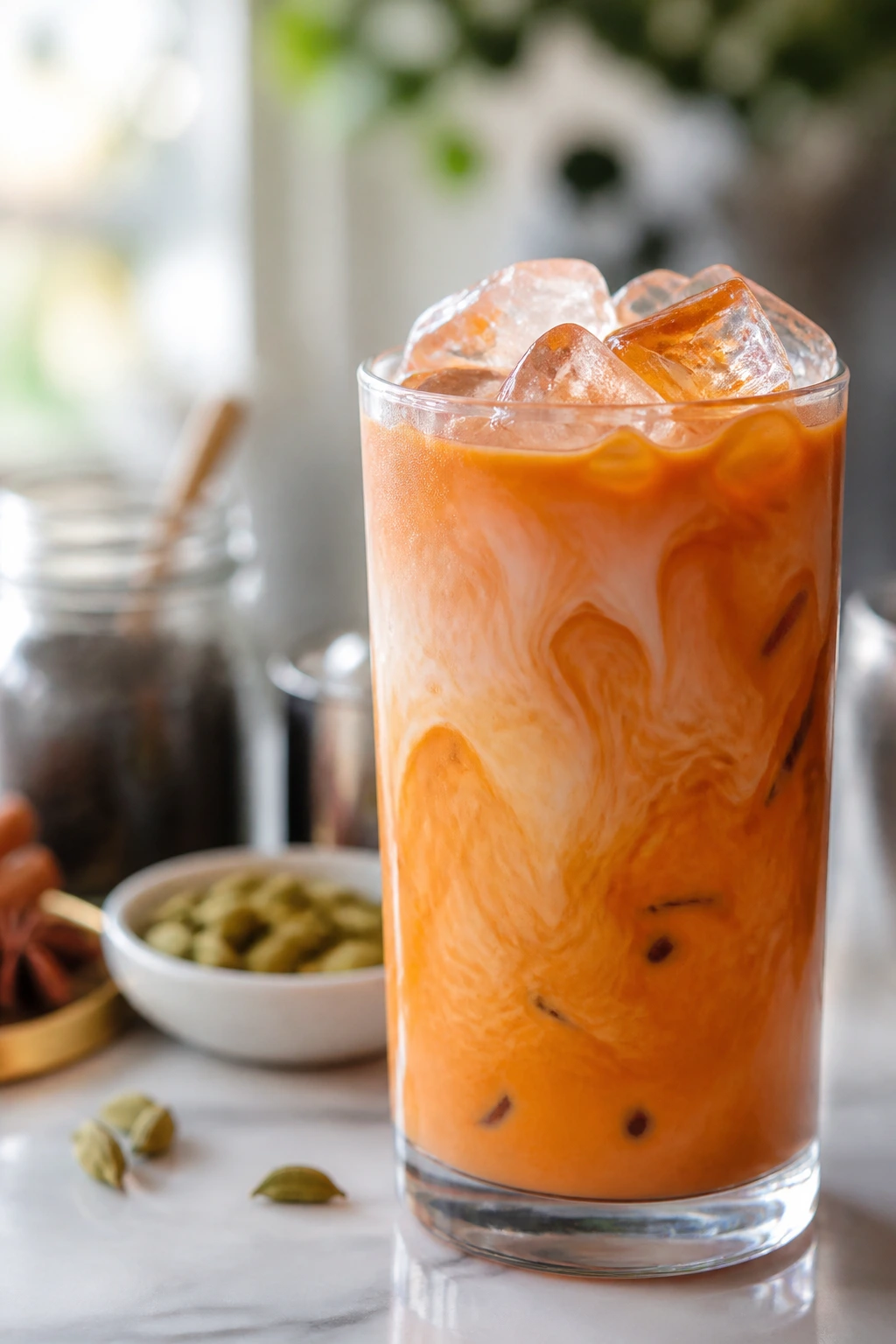 Close-up of Thai iced tea with strong amber color and milk swirl