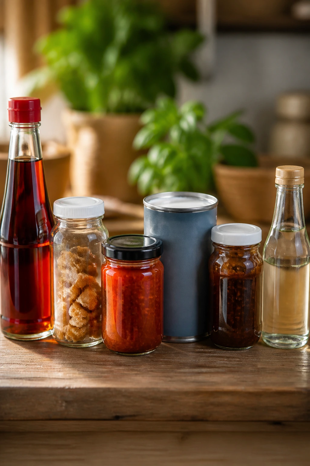 Close-up of Thai pantry staples such as fish sauce, palm sugar, curry paste, and coconut milk