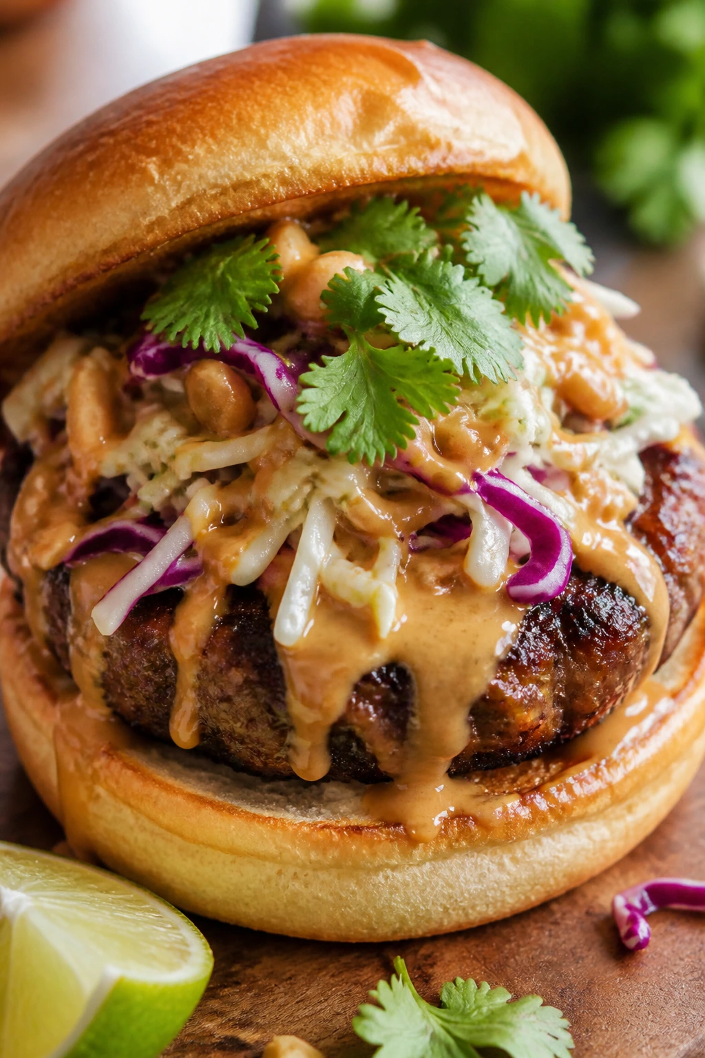 Beef burger with glossy peanut sauce, cabbage, and cilantro