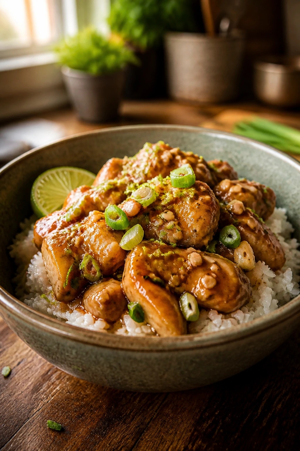 Close-up of a glossy sticky Thai peanut chicken bowl with rice, lime, and scallions in warm kitchen light